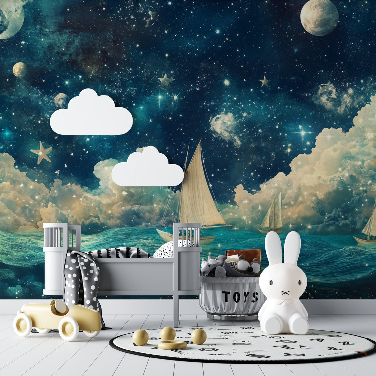 Night sky sailing mural bringing wonder to a reading nook corner
