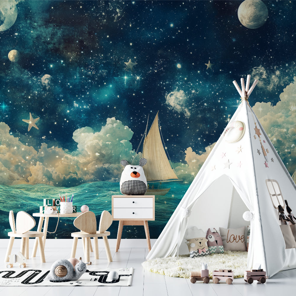 Dreamy ship wallpaper installation in a modern playroom setting