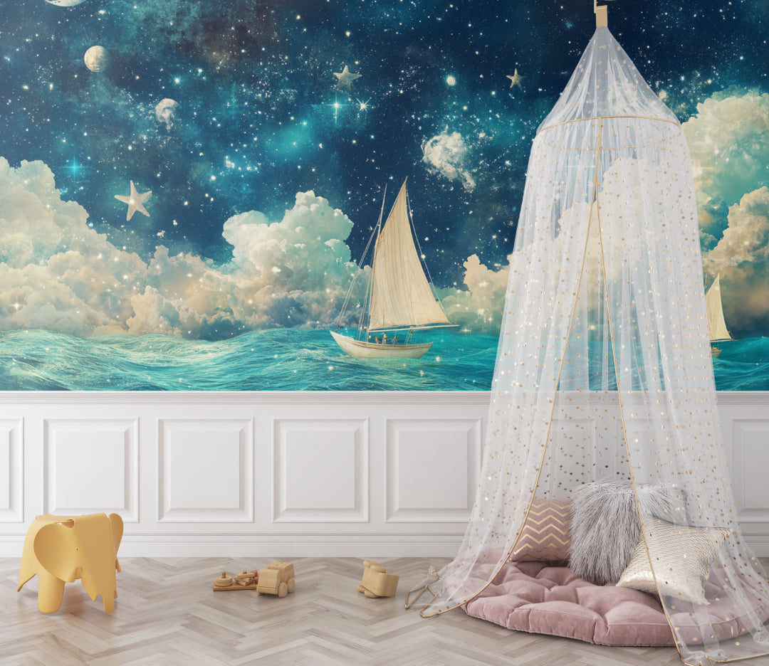 Nautical stars wallpaper creating depth in a child's study area