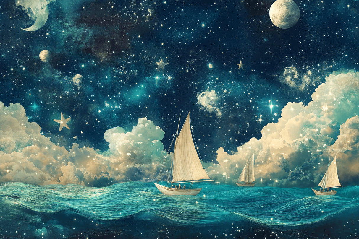 Design file showing detailed pattern of sailing ships and stars against night sky background
