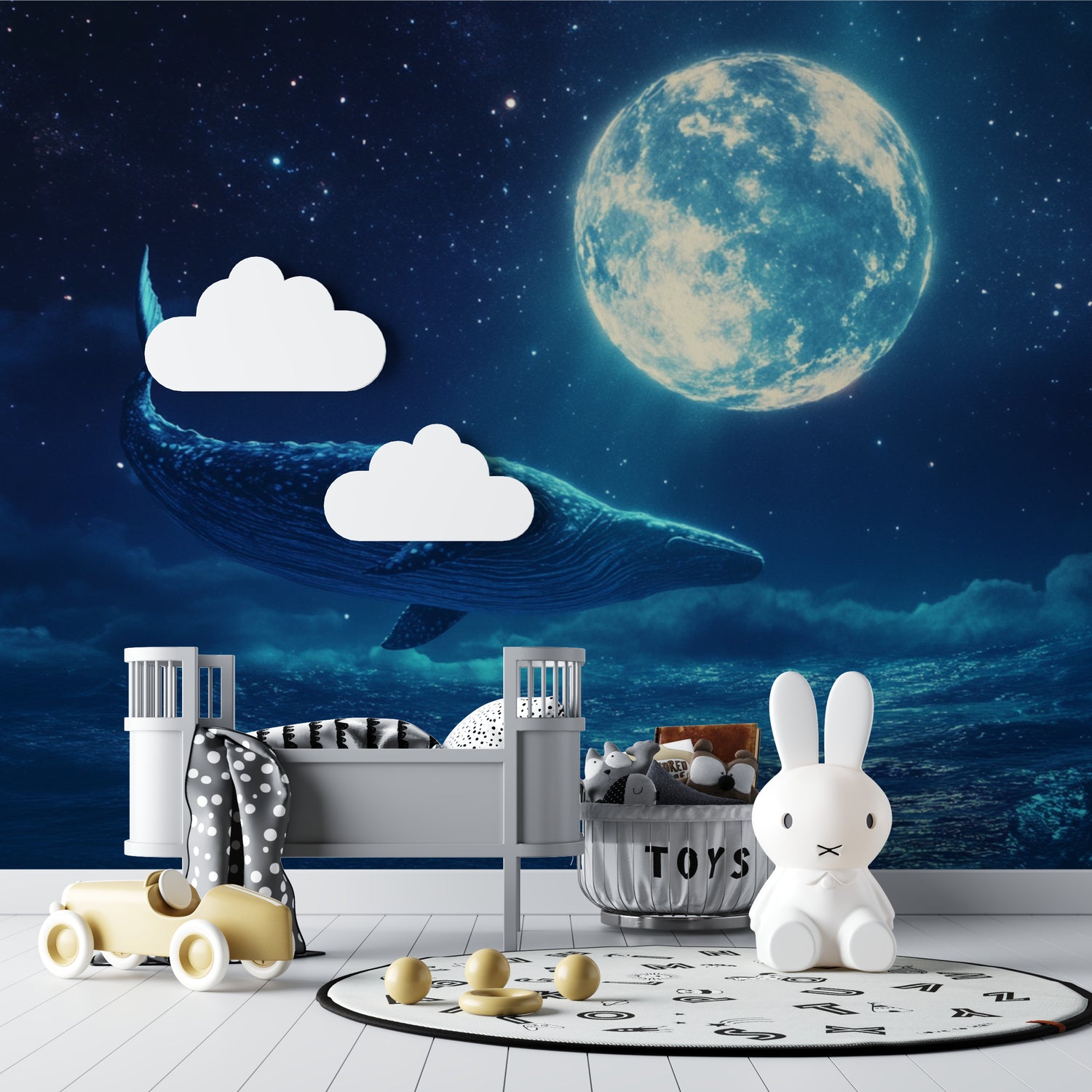 Night sky whale wallpaper in cozy nursery with soft lighting showing floating whale and stars
