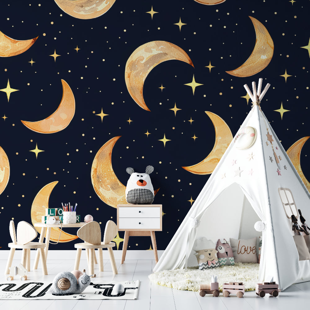 Night sky wallpaper creating a cozy atmosphere in a modern nursery with golden moons and stars