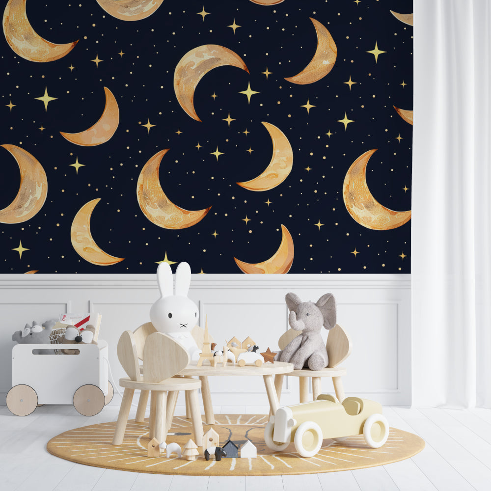 Moon and stars wallpaper bringing magic to a child's bedroom with soft golden accents