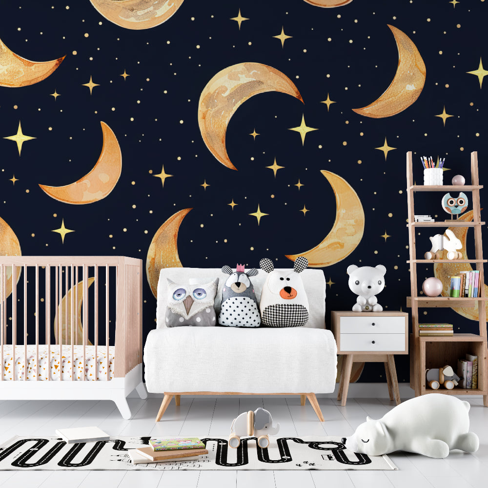 Celestial wallpaper adorning a reading nook with dreamy night sky design