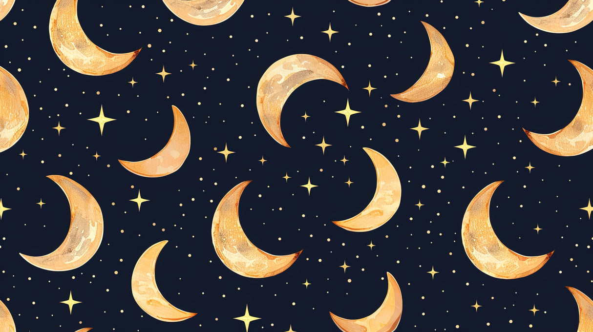 Design file showing detailed golden moons and stars pattern on deep navy background