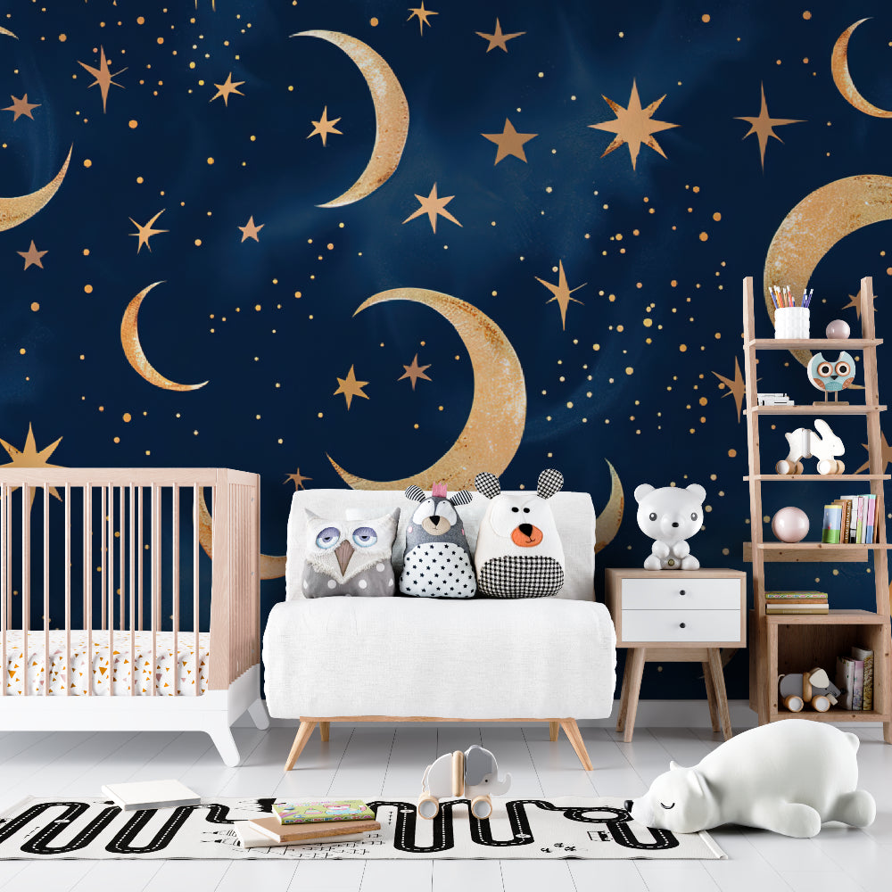 Night sky wallpaper creating a cozy atmosphere in a modern nursery with golden moons and stars