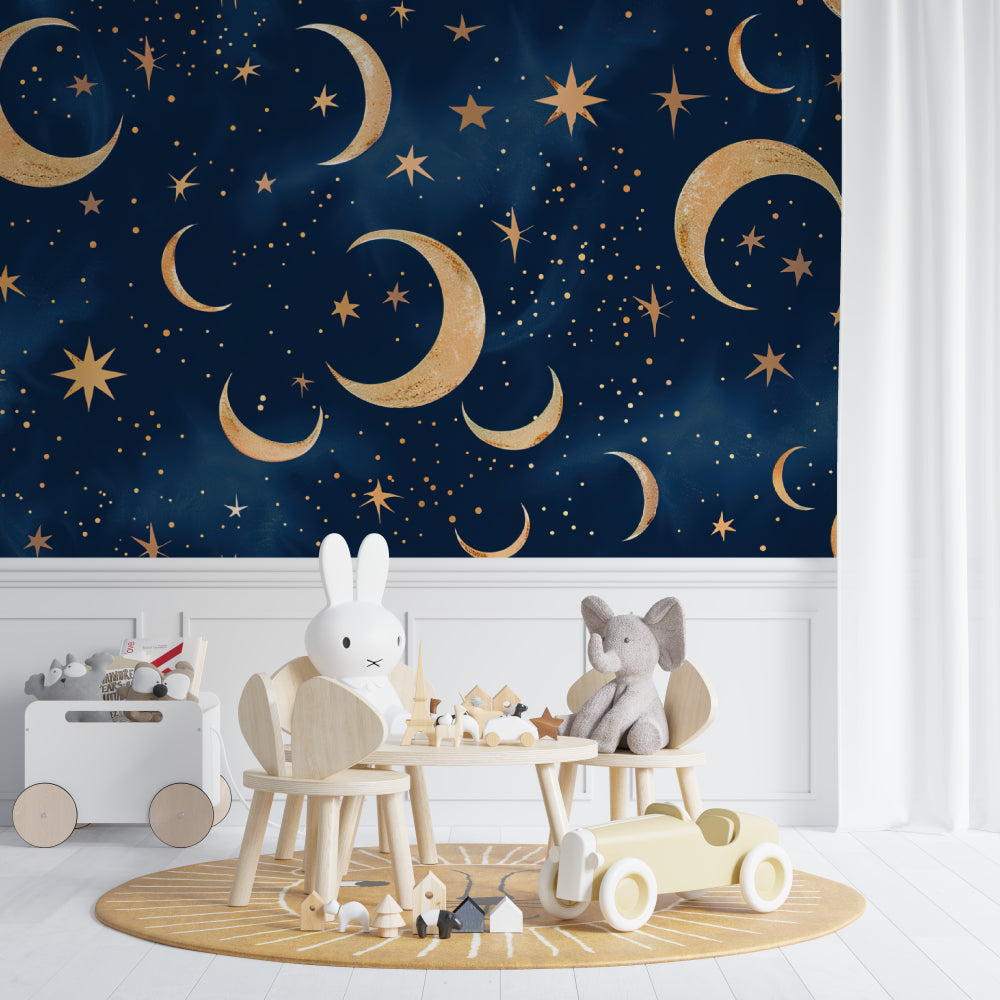 Celestial wall mural brightening a child's bedroom with magical golden details
