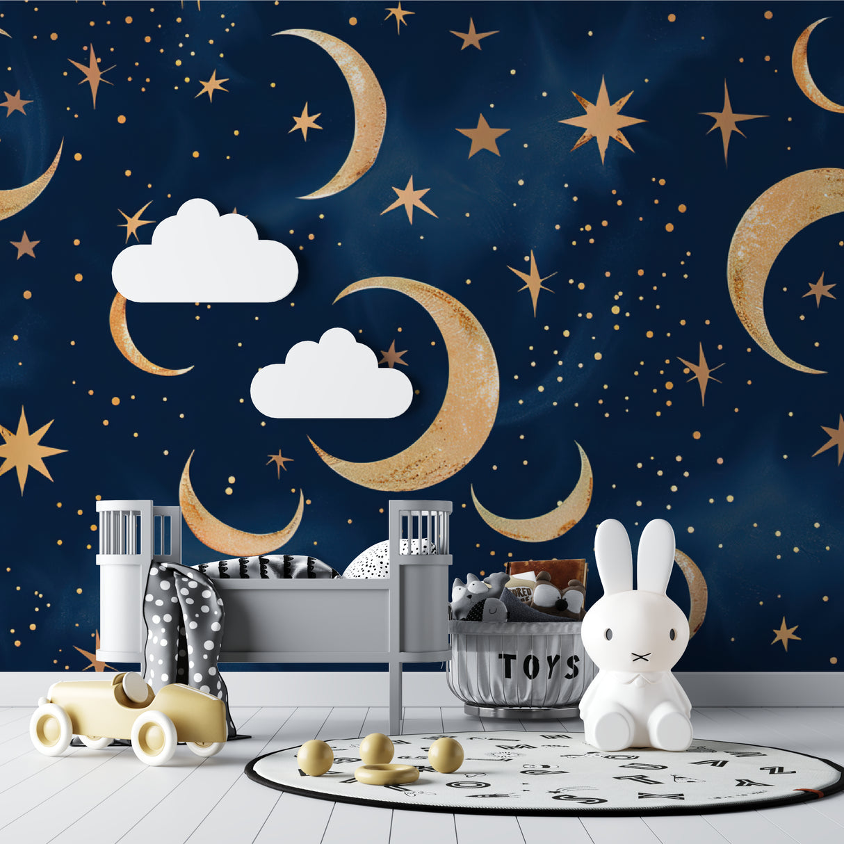 Moon and stars wallpaper transforming a reading nook into a dreamy space