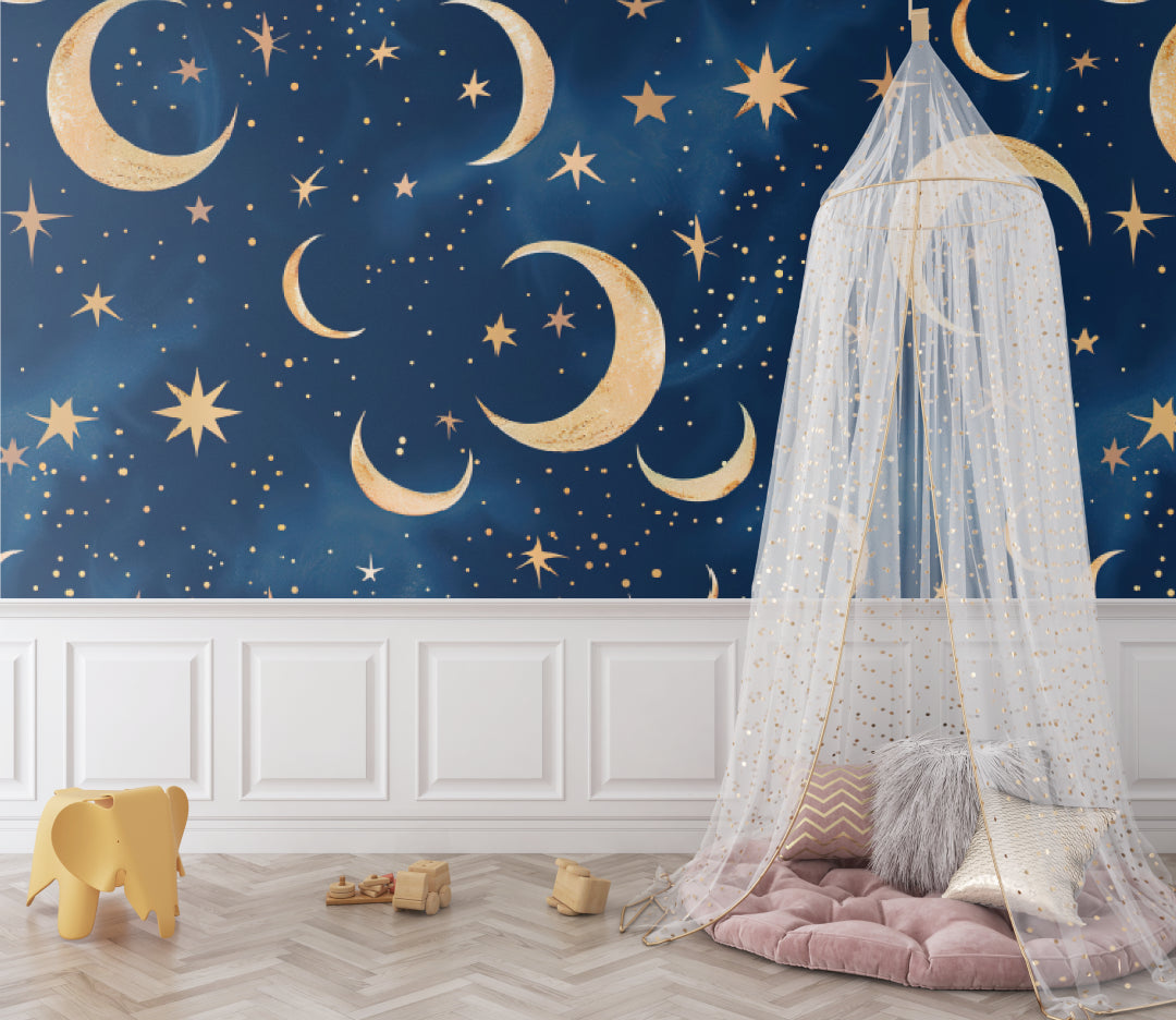 Night sky mural adding warmth to a teen's bedroom with metallic accents