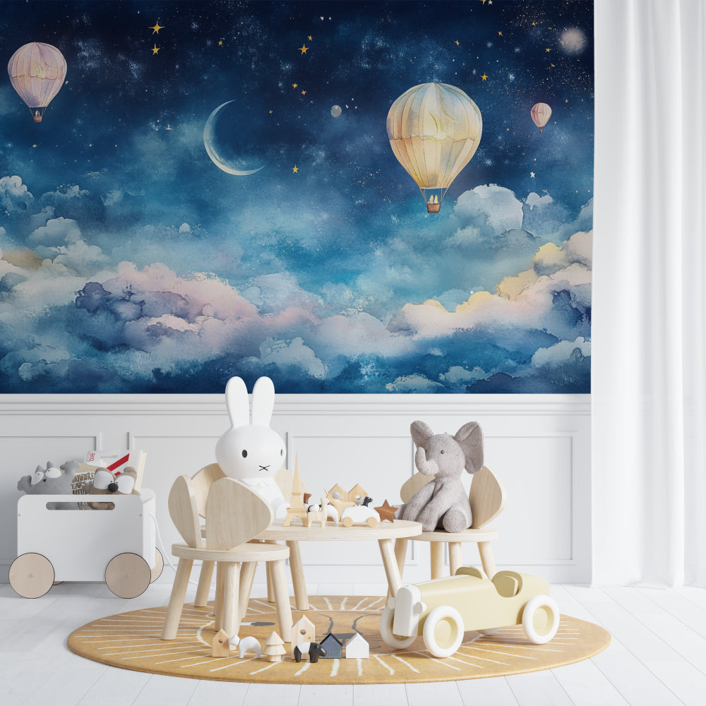 Hot air balloon mural wallpaper bringing magic to a child's reading nook
