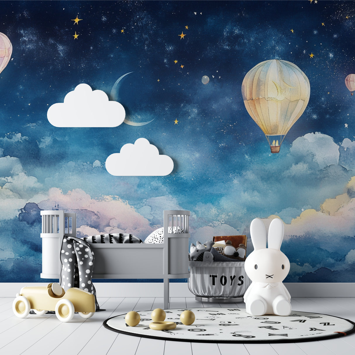 Dreamy night sky mural transforming a baby's nursery with soft colors