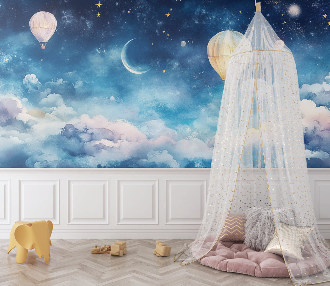 Night sky wallpaper with hot air balloons making a playroom feel magical