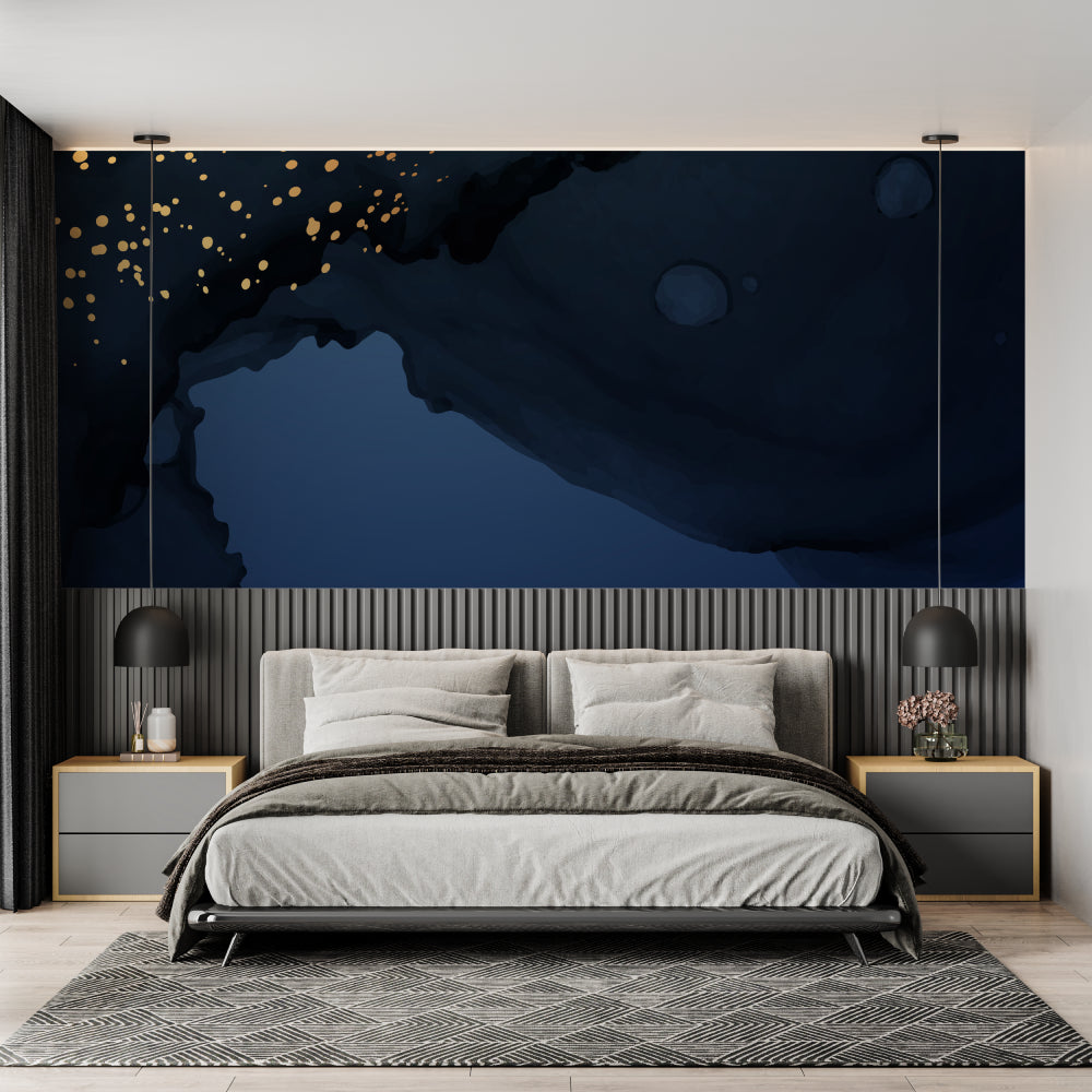 Night sky wallpaper with gold accents creating a cozy atmosphere in a modern bedroom