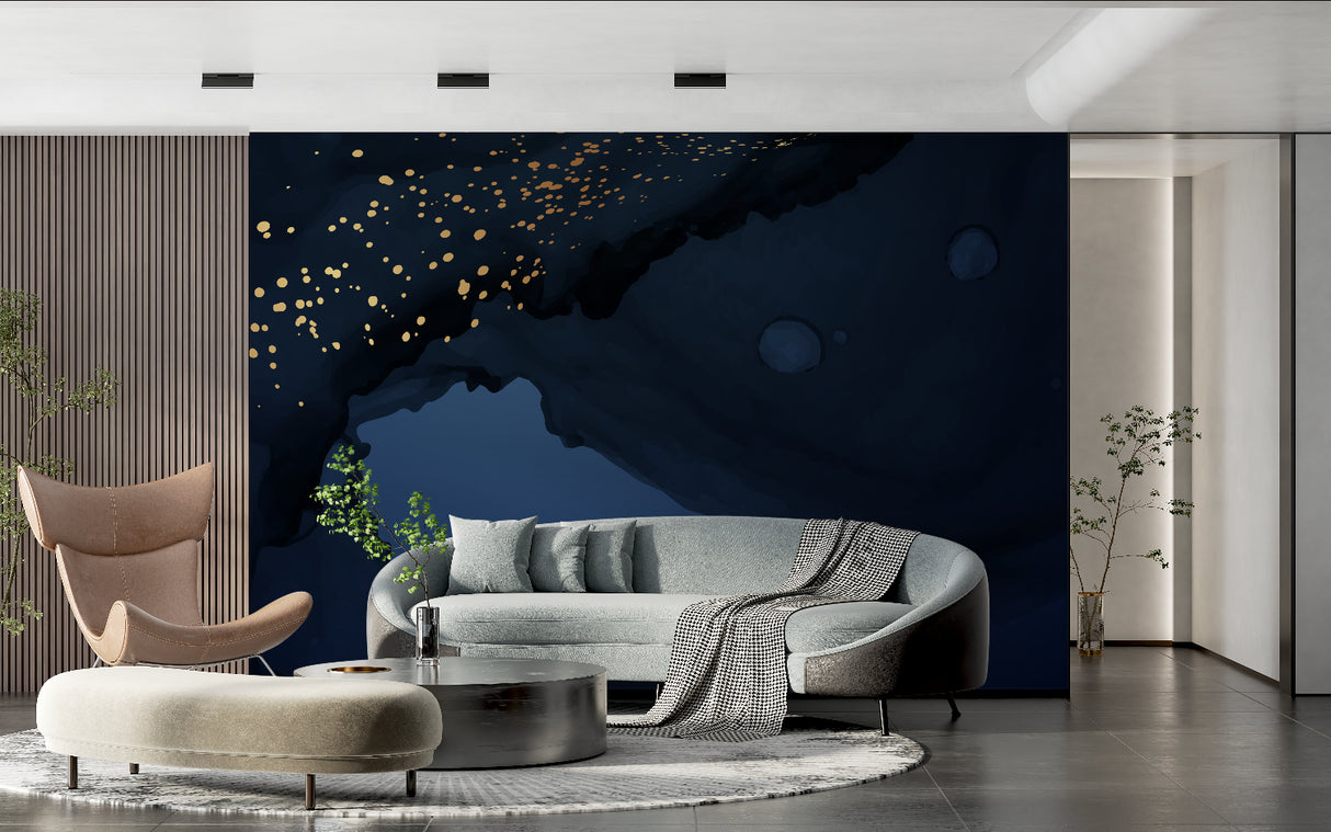 Abstract night sky mural bringing elegance to a minimalist living room