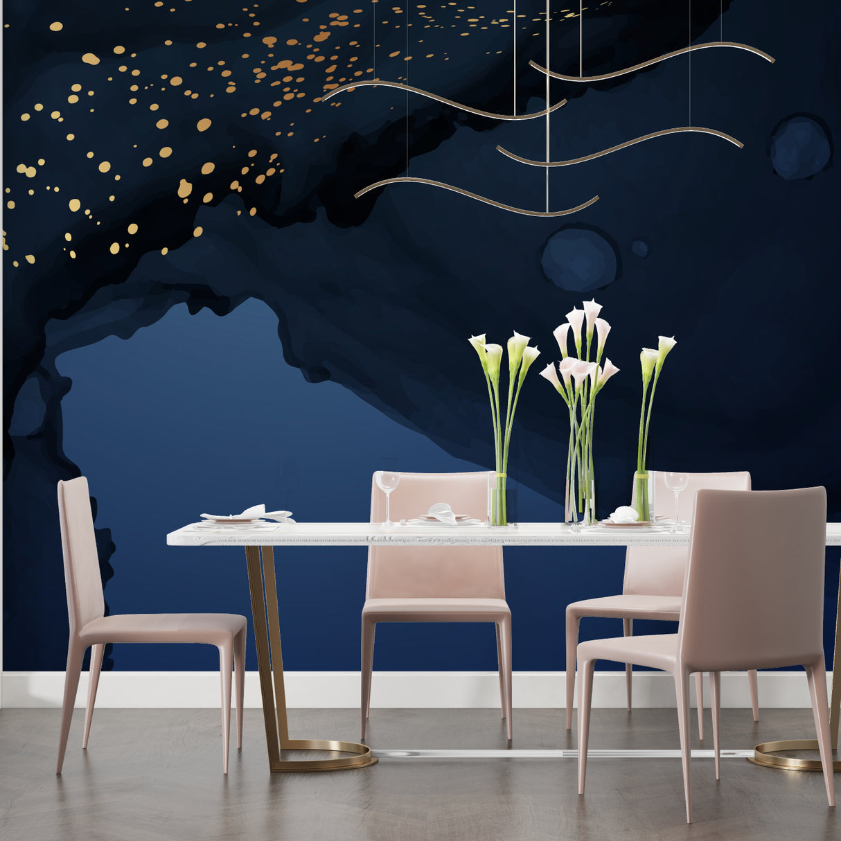 Abstract gold mural creating depth in a contemporary hallway