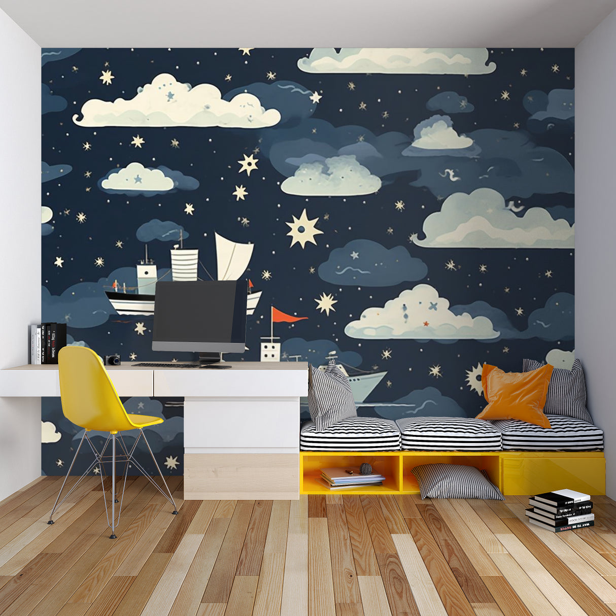 Night sky wallpaper with sailing ships in a cozy nursery setting, soft lighting highlighting the starry design
