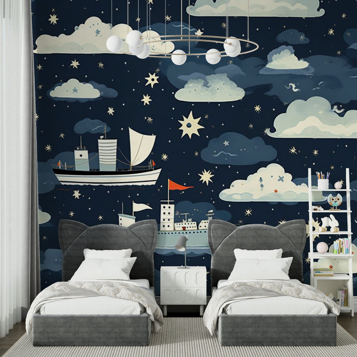 Kids bedroom featuring nautical wallpaper with ships and stars, creating a dreamy atmosphere
