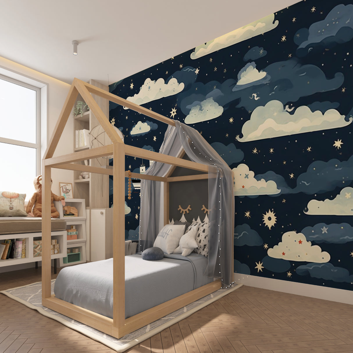 Reading nook with star and ship wallpaper creating perfect bedtime story corner
