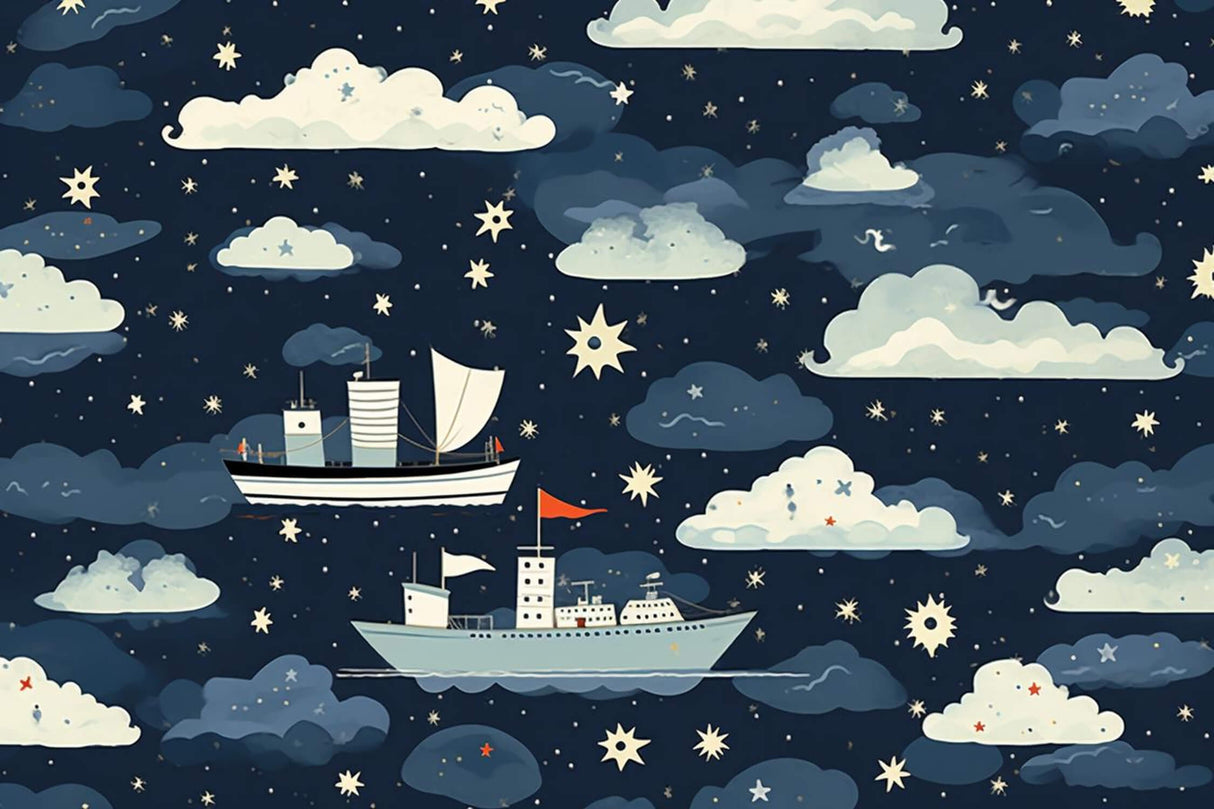 Night sky wallpaper design file showing detailed sailing ships and twinkling stars pattern