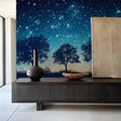 Night sky wallpaper creating a cozy atmosphere in a modern bedroom with soft lighting