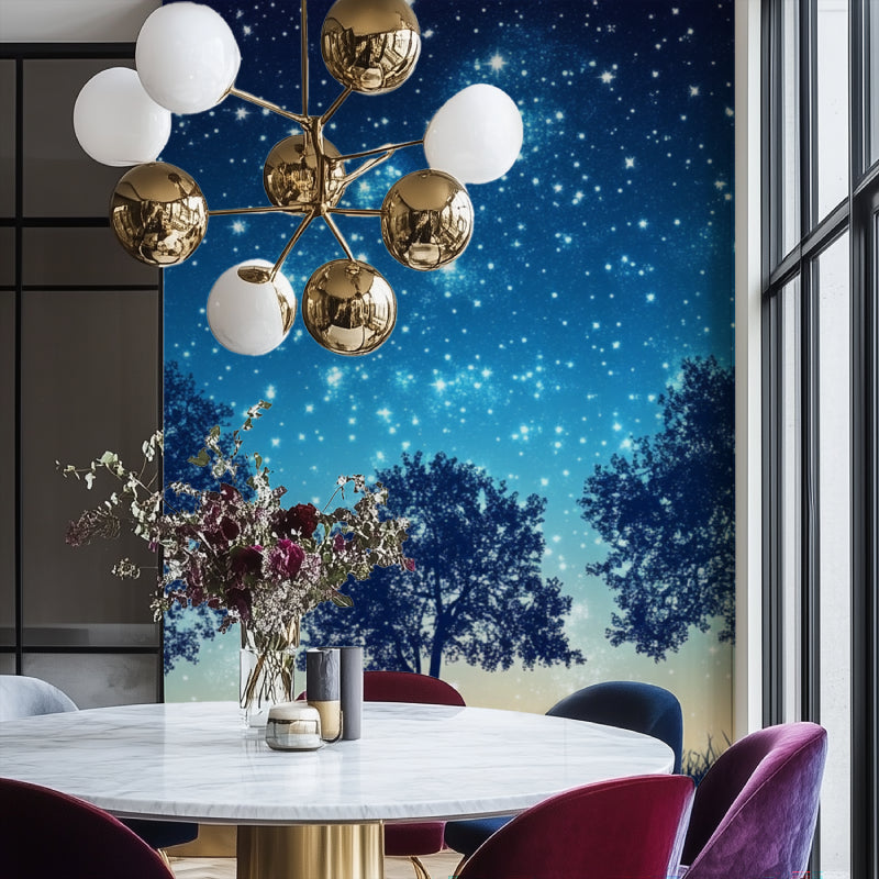 Forest silhouette wallpaper creating depth in a home office setting