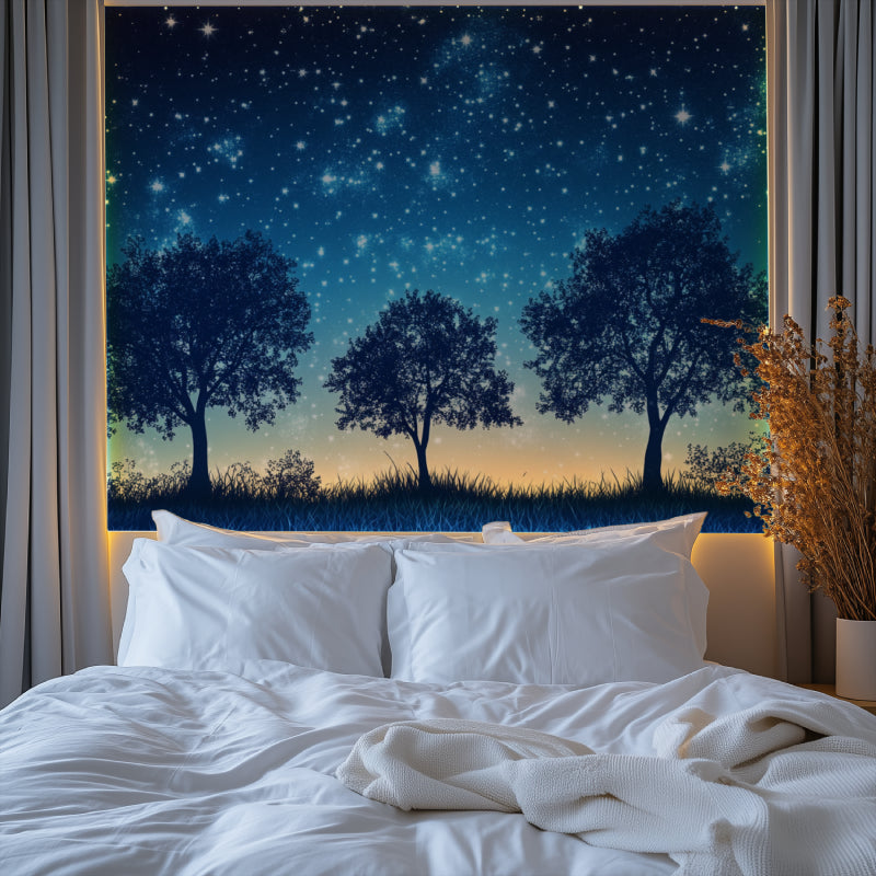 Starry night wallpaper adding magic to a meditation room