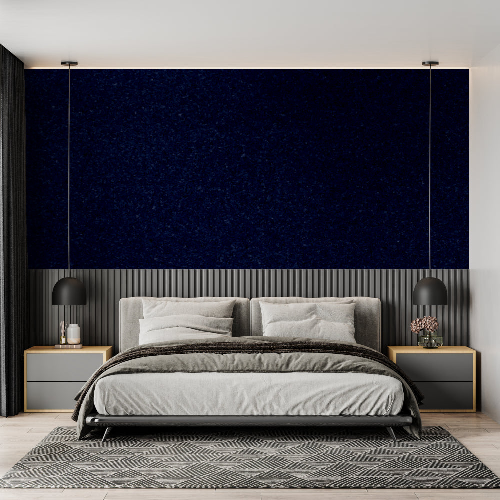 Night sky wallpaper creating a cozy atmosphere in a modern bedroom with soft lighting highlighting the glitter effect