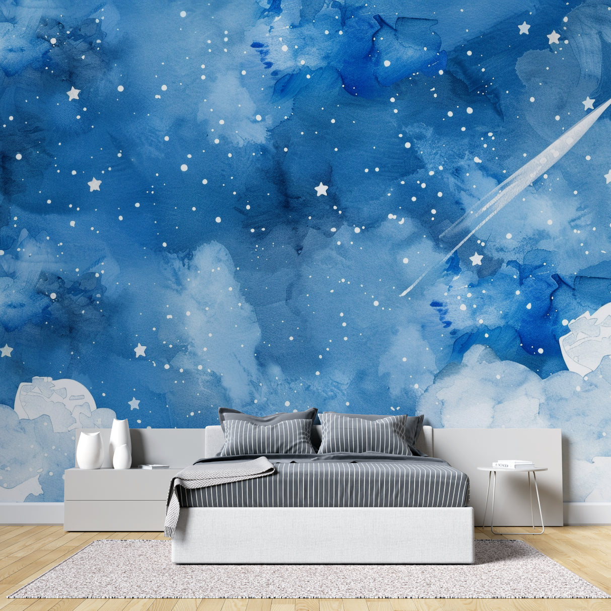 Night sky wallpaper creating a dreamy atmosphere in a modern nursery with soft lighting