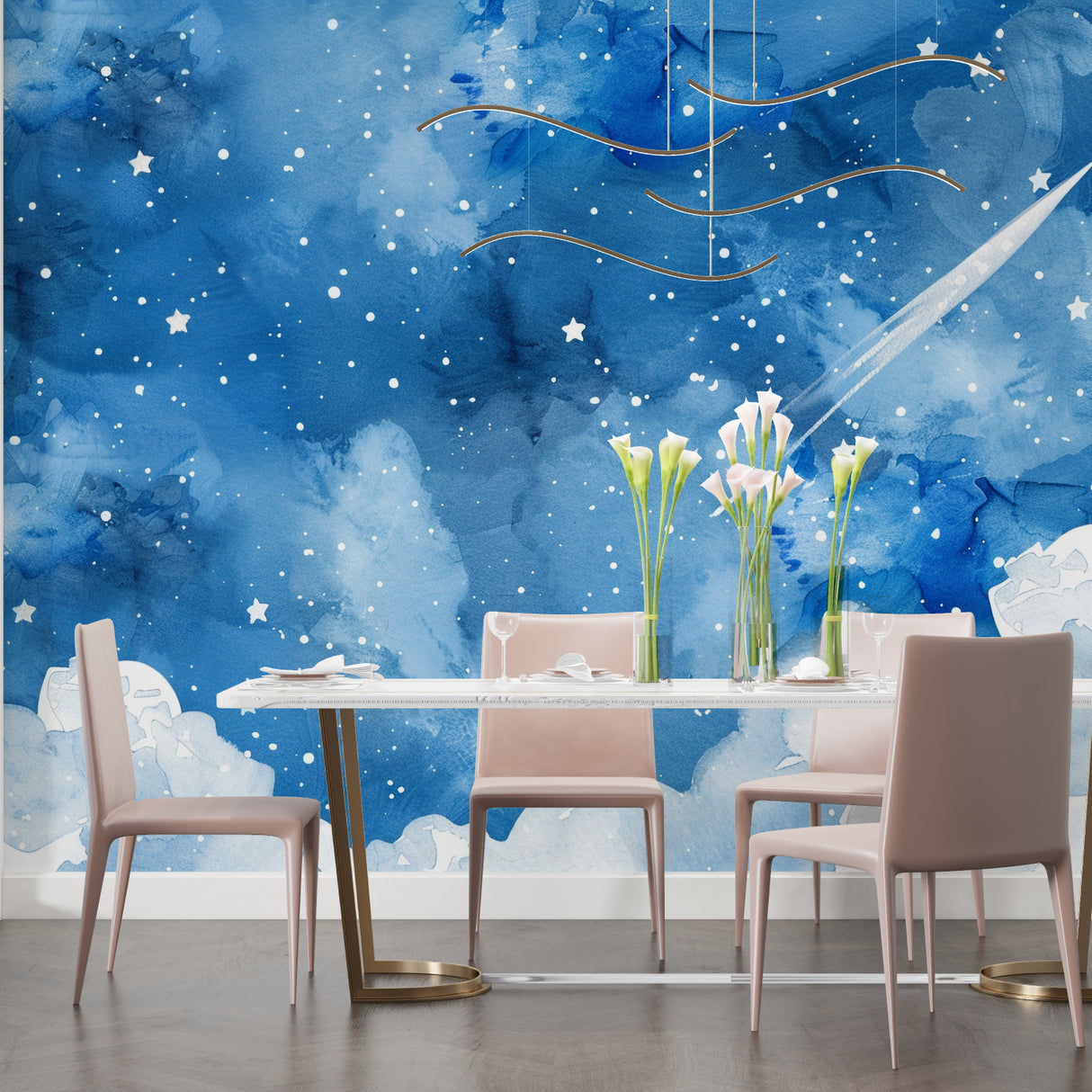 Watercolor stars wallpaper bringing magic to a child's reading nook