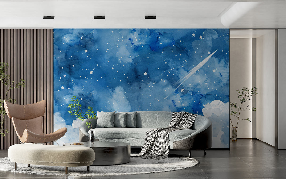 Celestial wall mural transforming a master bedroom into a peaceful retreat