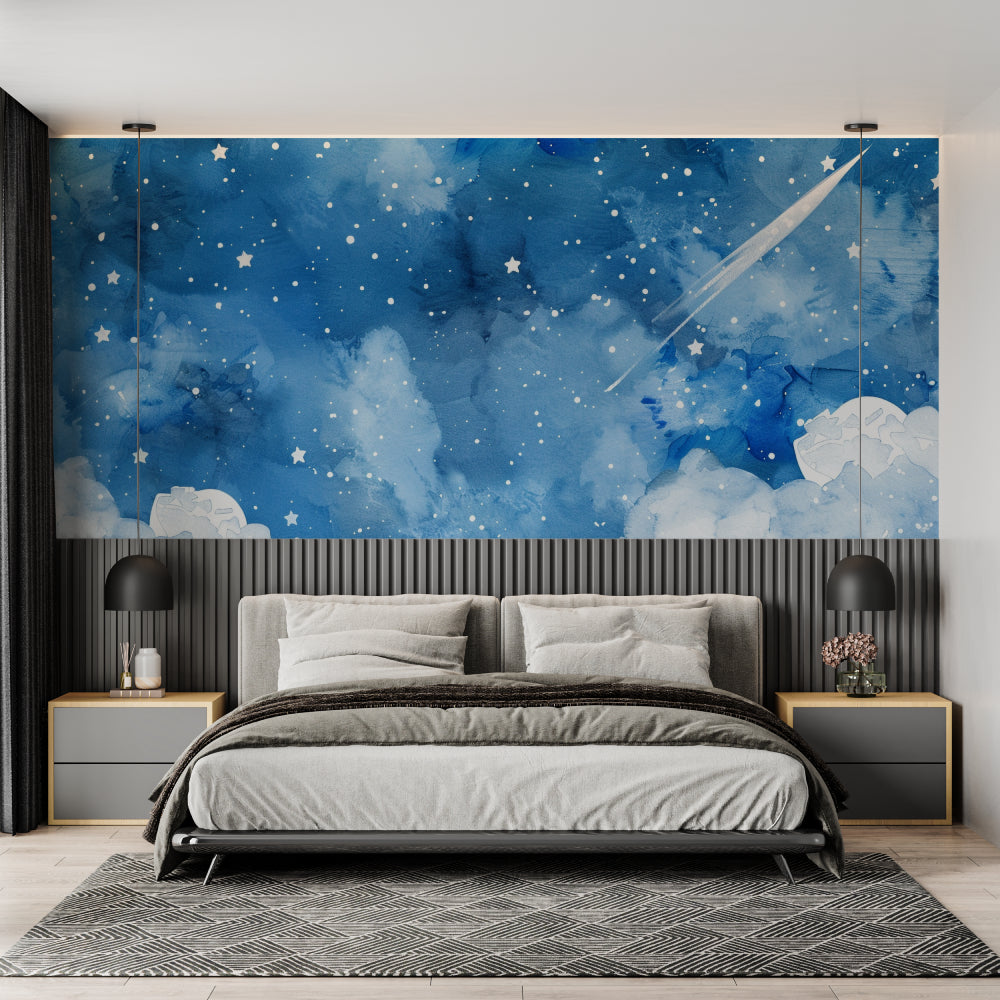 Star and cloud wallpaper adding depth to a cozy home office space