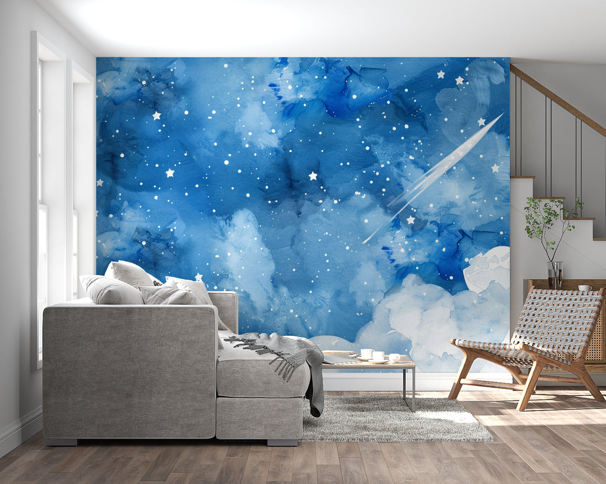 Night sky mural making a small bedroom feel larger and more open