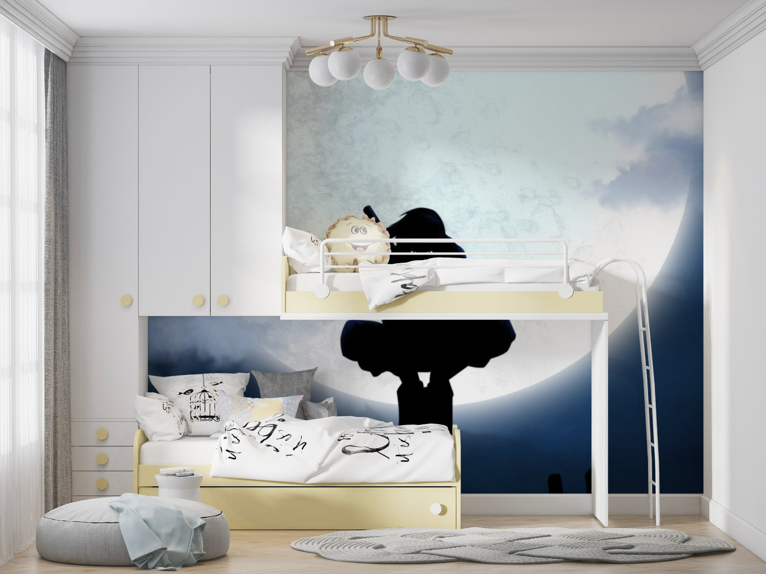 Japanese-style ninja mural in gaming room with dramatic moonlight effect