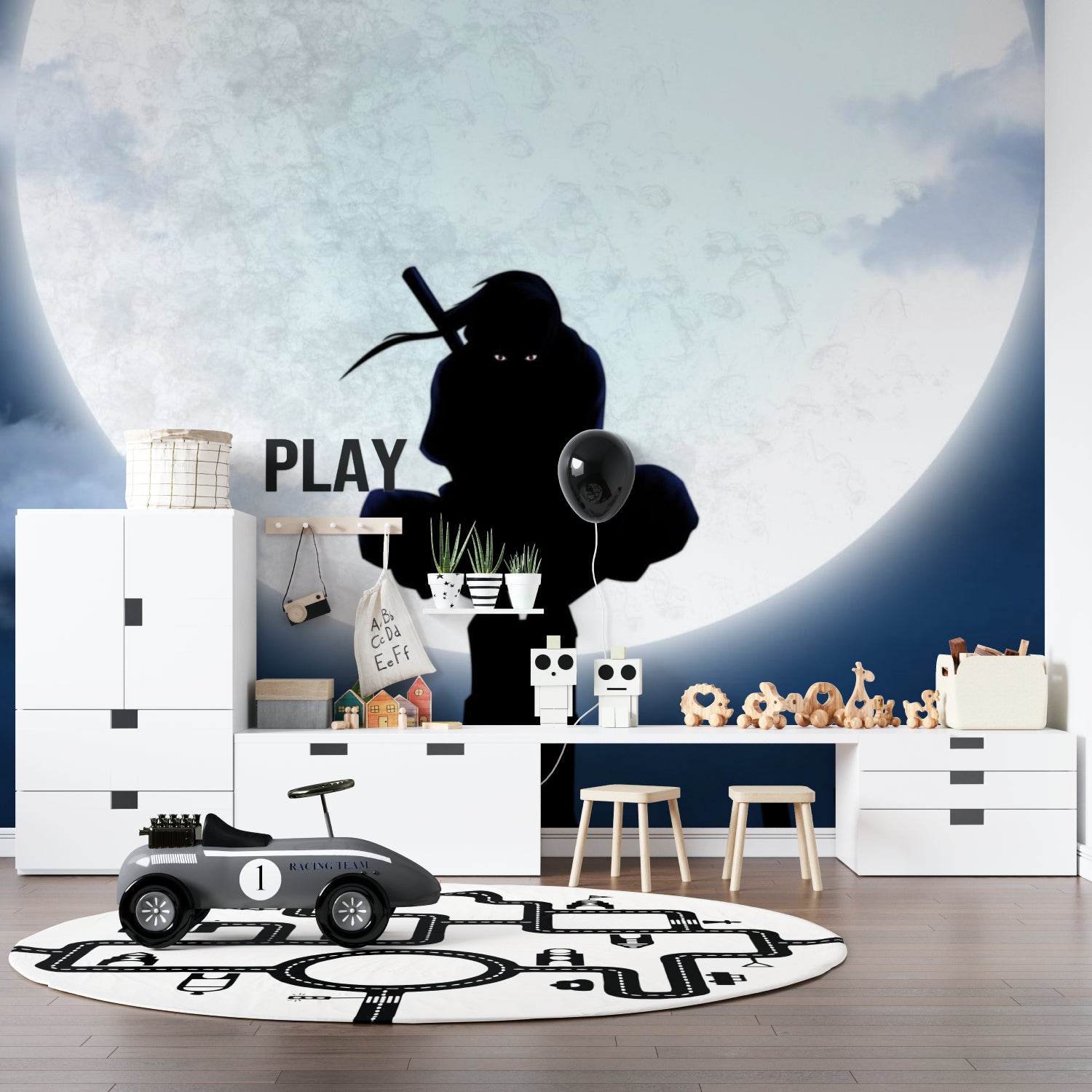 Anime-inspired ninja wallpaper in study space showing shadow art composition