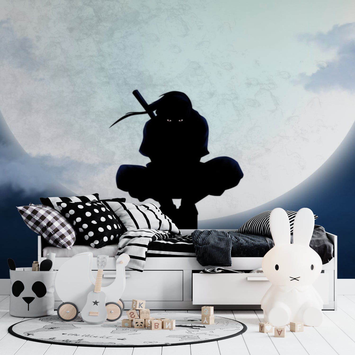 Night sky ninja mural creating depth in small bedroom space