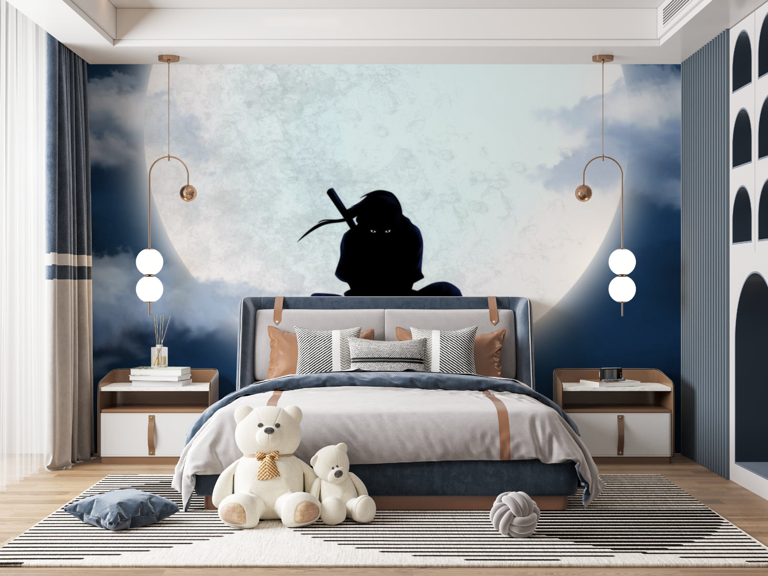 Moonlit ninja wall design in child's reading nook showing peaceful ambiance