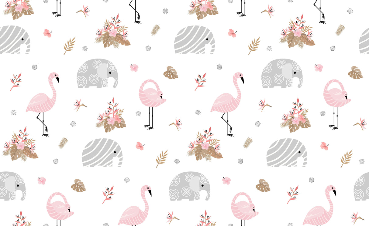 Design file showing detailed pink flamingo and grey elephant pattern with golden palm leaves