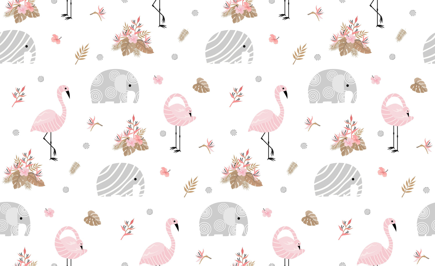 Design file showing detailed pink flamingo and grey elephant pattern with golden palm leaves