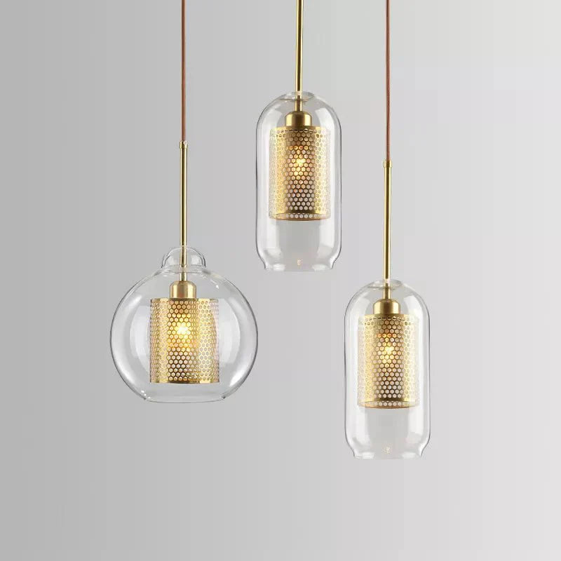 Modern Glass Pendant Light Gold Mesh Iron Shade - Detailed view