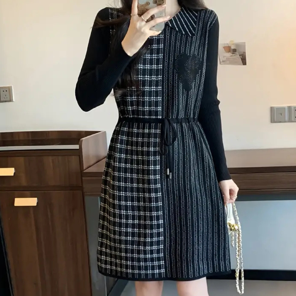 Classic Checkered Midi Dress Dual Pattern Design - Detailed view