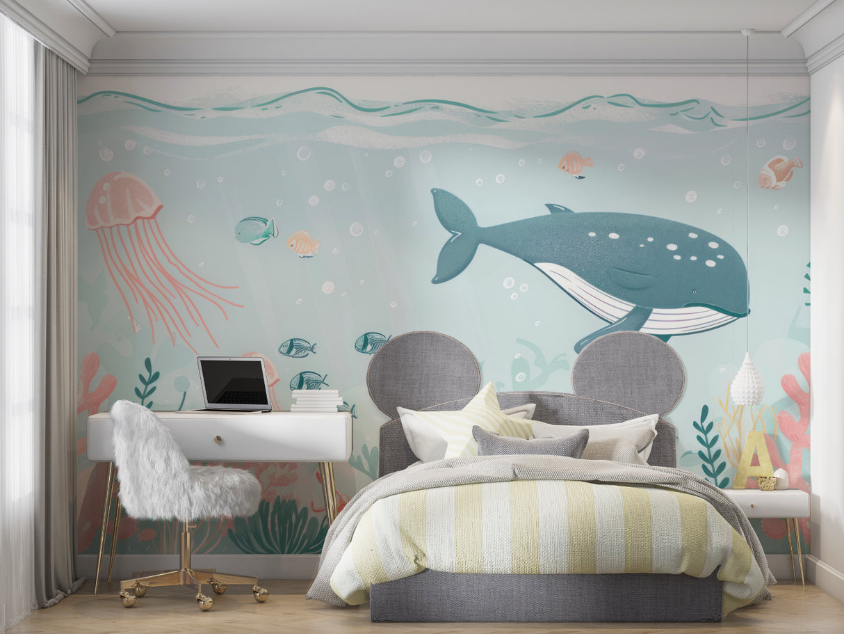 Ocean animals wallpaper displayed in a bright nursery with soft lighting and wooden furniture