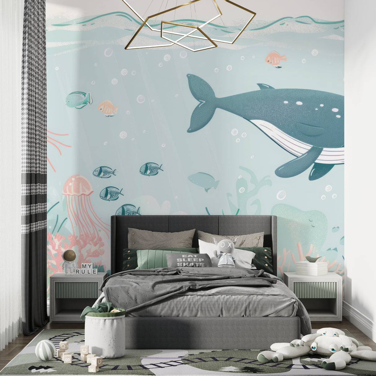 Underwater mural creating a calming atmosphere in a children's bedroom