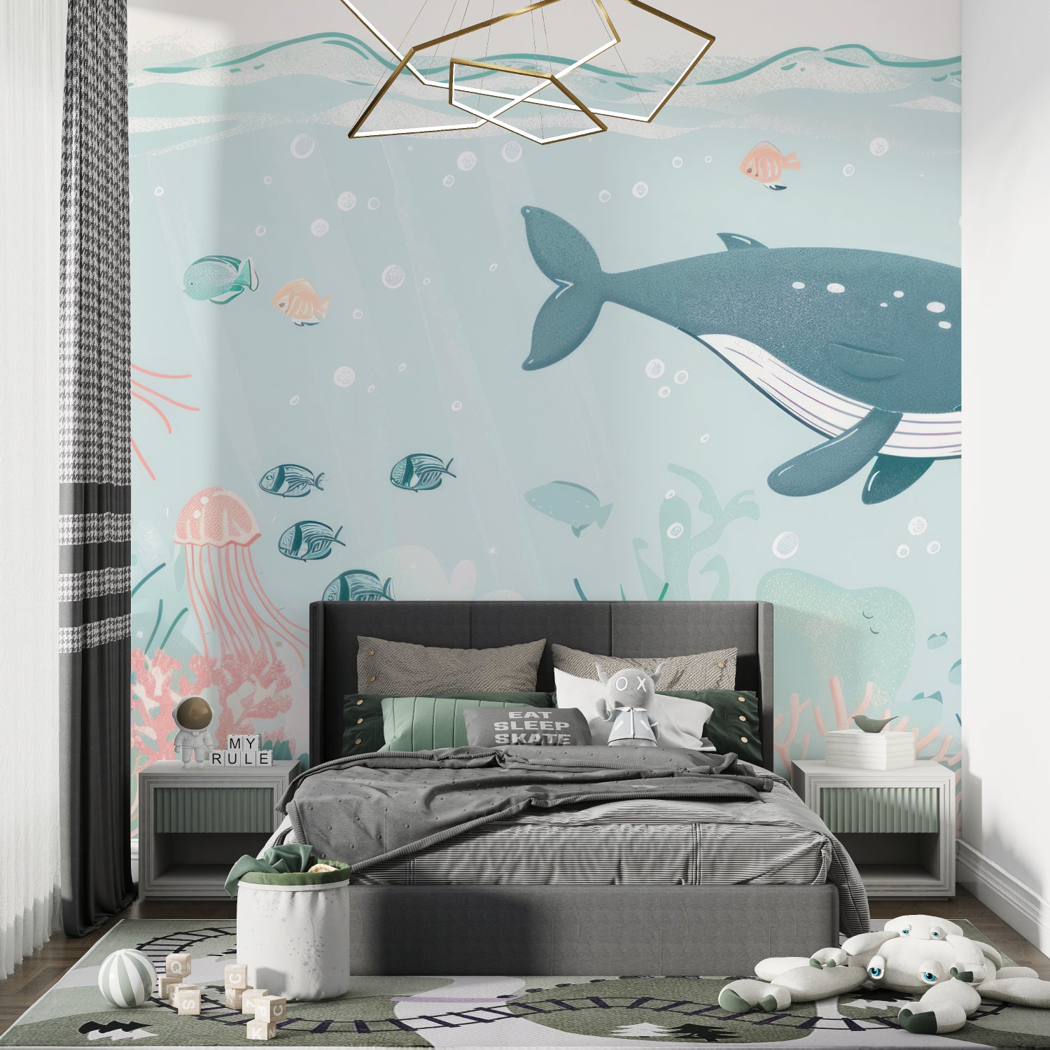 Underwater mural creating a calming atmosphere in a children's bedroom