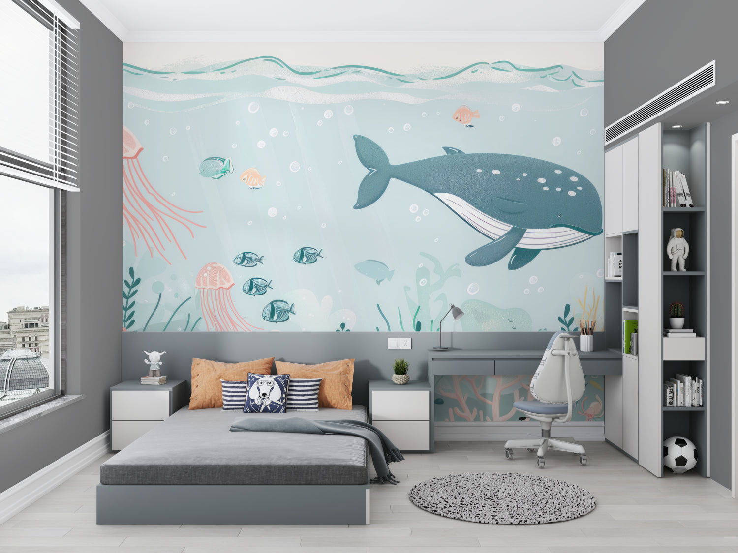 Marine life wallpaper bringing ocean vibes to a modern playroom setting