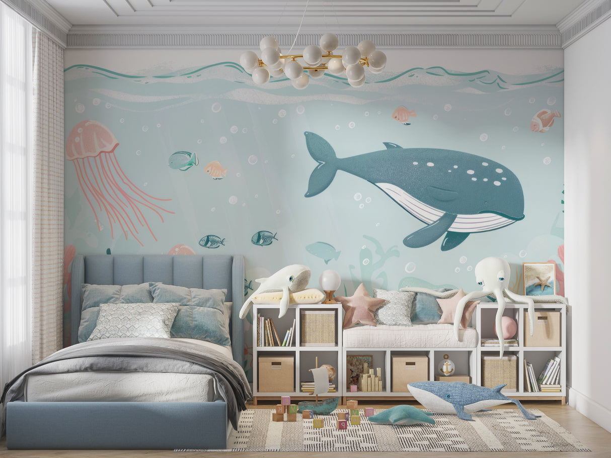 Sea life wall mural showcased in a coastal-themed bathroom