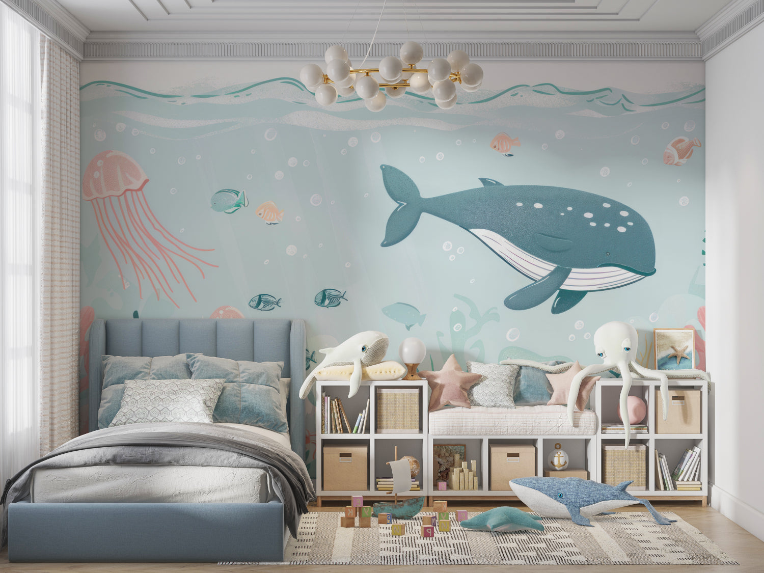 Sea life wall mural showcased in a coastal-themed bathroom