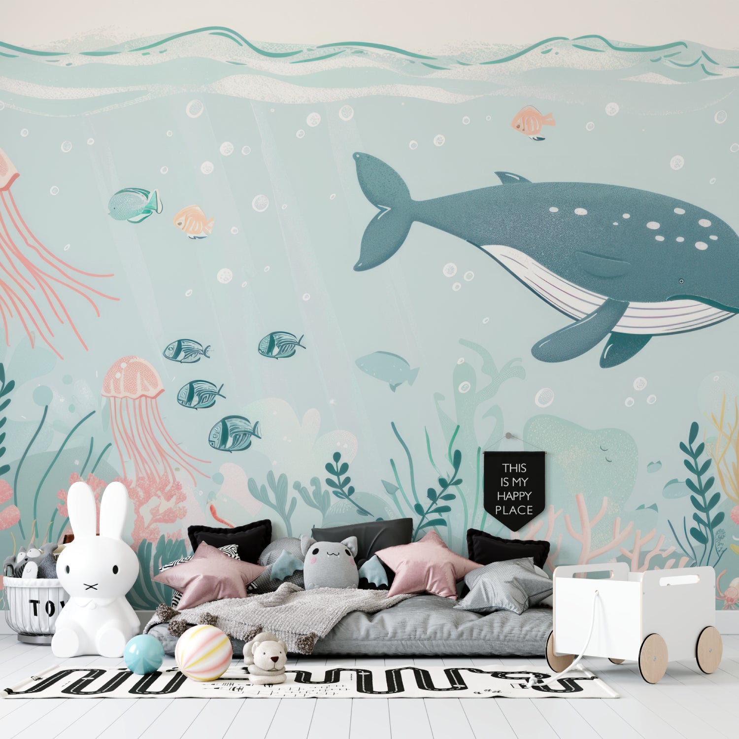 Ocean theme wallpaper transforming a reading nook into an underwater sanctuary