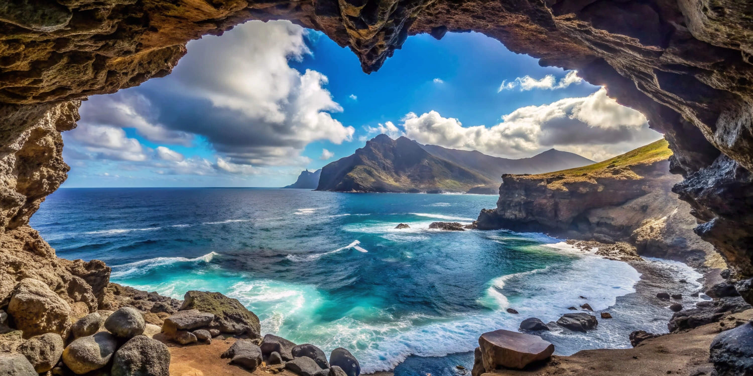 Ocean cave wallpaper design file showing detailed coastal landscape and mountain view