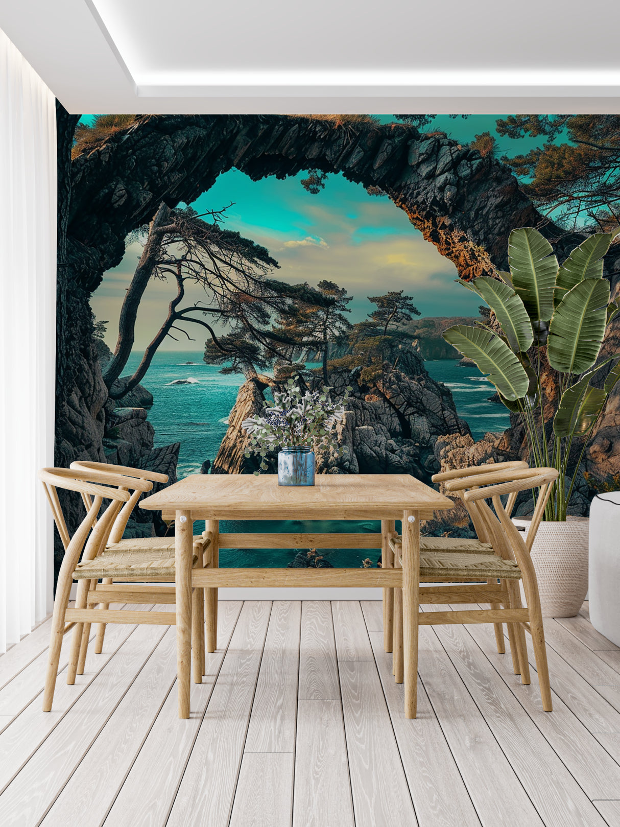 Ocean cave wallpaper in modern living room with natural light highlighting the turquoise waters