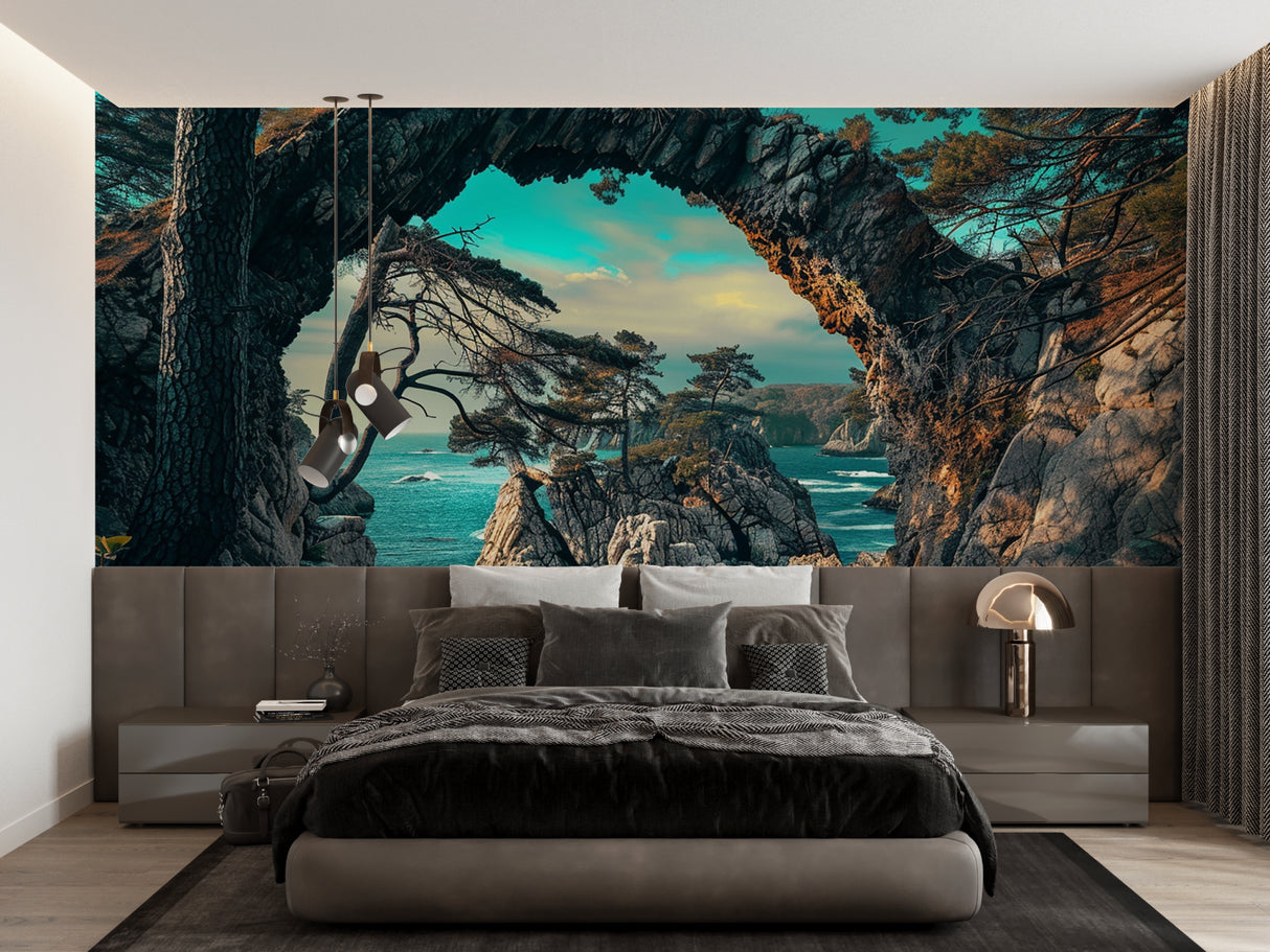 Coastal cave mural creating depth in master bedroom with minimal furniture